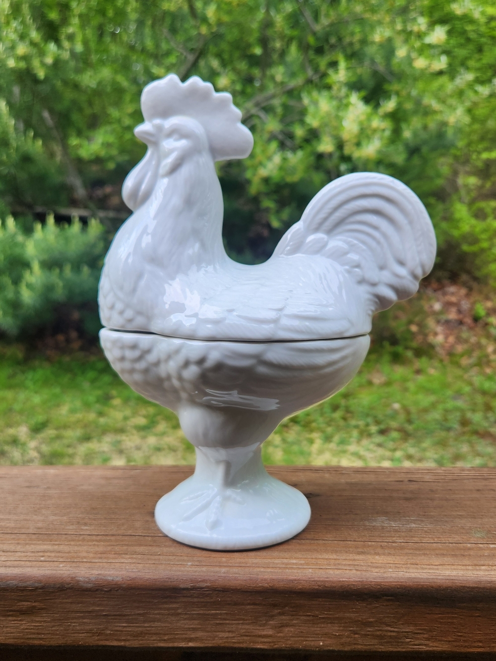 White Ceramic Rooster Two Piece Pedestal Candy Dish